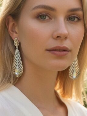 NEW• Sugared + Bronzed Silver Feather Earrings With Opal Stone & Crystals